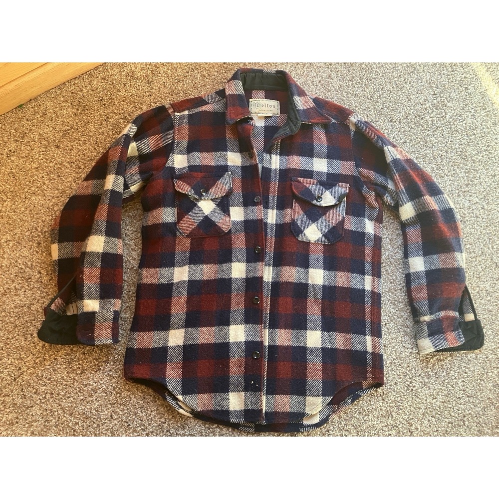 Melton Outerwear Mens Medium Plaid Flannel Shirt Burgundy Navy Blue Heavyweight